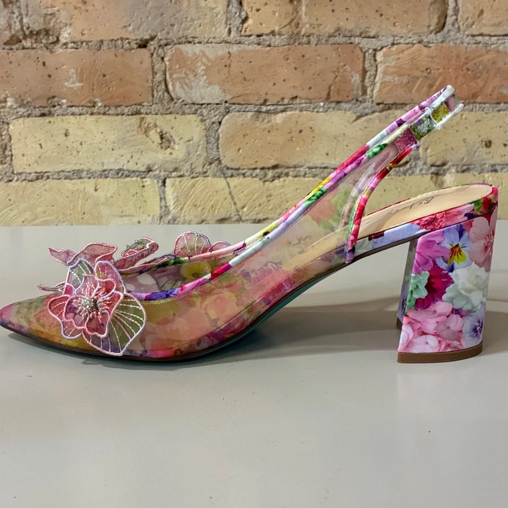 Betsey Johnson Avi Multicolor Floral Appliqué Slingback Heels - Picture 5 of 8